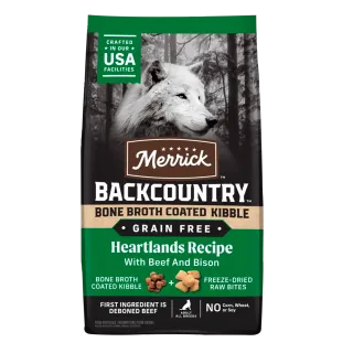 Merrick Grain Free Dry Dog Food Backcountry Bone Broth Coated Kibble Heartlands Recipe With Beef and Bison