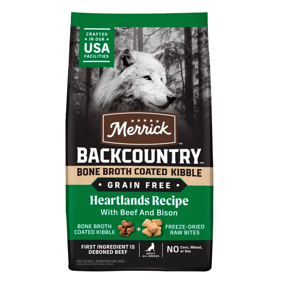 Merrick Grain Free Dry Dog Food Backcountry Bone Broth Coated Kibble Heartlands Recipe With Beef and Bison