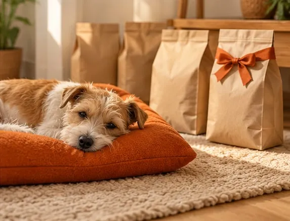 A small terrier naps on an orange cushion beside a row of food bags, one tied with a ribbon.